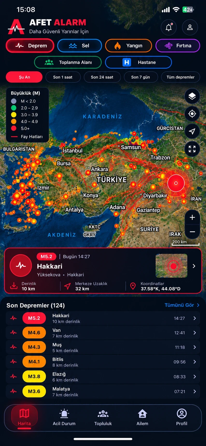 AFET ALARM uygulamasının harita, deprem kartı ve son depremler ekranı