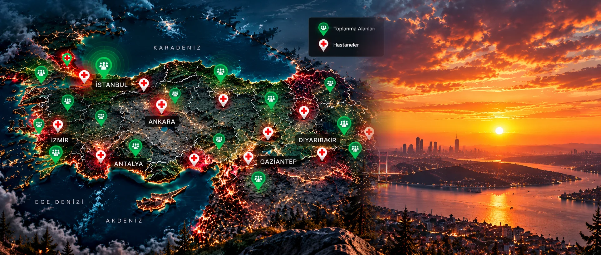 Türkiye haritasında toplanma alanları ve hastaneler, sağda gün batımında İstanbul
